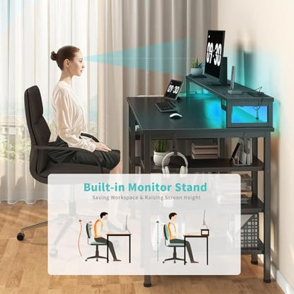 Gaming Desk with LED Lights and Storage Shelves, 47 inch Computer Desk with Power Outlets, Home Office Desk with Monitor Stand, Writing Table PC Desks, Black
