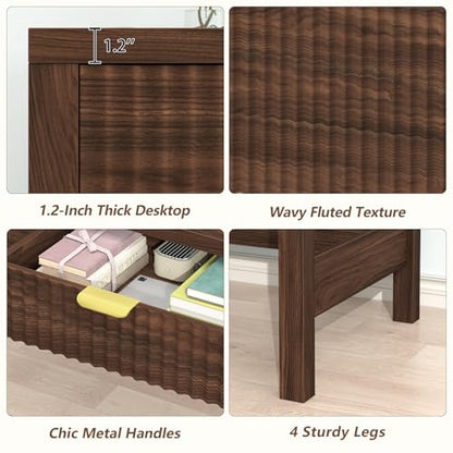 Fluted Computer Desk with 2 Drawers, 39 Inch Small Computer Desk with Storage, Compact Writing Study Desk for Small Spaces, Walnut