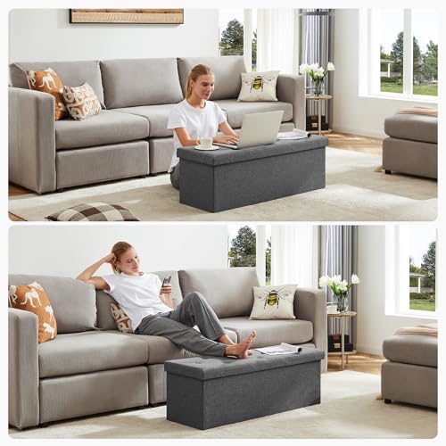 43 Inch Folding Storage Ottoman Bench, Large Hidden Storage Chest with Thicker Foam Padded Seat, End of Bed Foot Rest Stool for Bedroom Living Room Entryway, Load 660 lbs, Grey