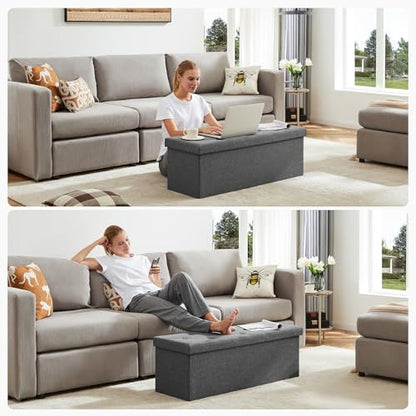 43 Inch Folding Storage Ottoman Bench, Large Hidden Storage Chest with Thicker Foam Padded Seat, End of Bed Foot Rest Stool for Bedroom Living Room Entryway, Load 660 lbs, Grey