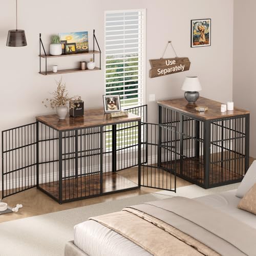 94" Double Dog Crate Furniture, TV Stand with Divider, Brown, view 5