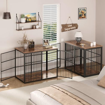 94" Double Dog Crate Furniture, TV Stand with Divider, Brown, view 5