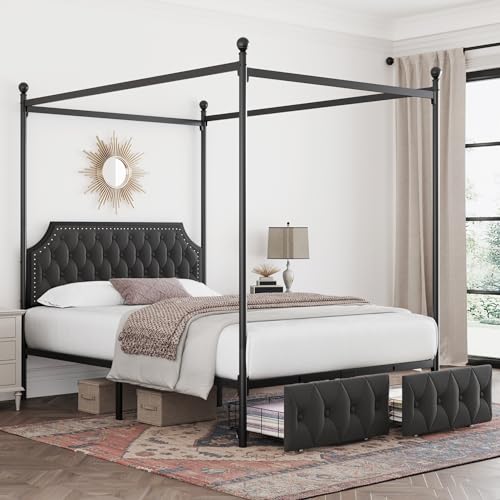 Full Upholstered Canopy Bed Frame with 2 Storage Drawers & Button Tufted, view 6