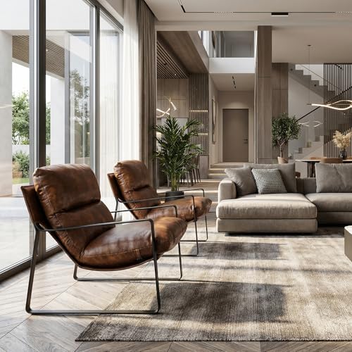 Mid-Century Accent Chair Armchair, Comfy PU Leather Leisure Chair Lazy Chair with Metal Leg for Living Room Bedroom Office Apartment, Brown