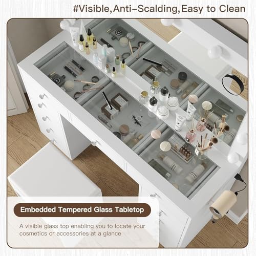 Vanity Desk with Power Outlet, Makeup Vanity with Mirror and 12 LED Lights, 3 Lighting Modes,11 Drawers Vanity Table with Chair, Glass Top, Dressing Table for Bedroom,Dressing Room, White