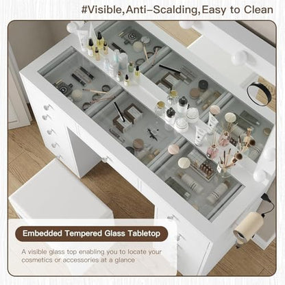 Vanity Desk with Power Outlet, Makeup Vanity with Mirror and 12 LED Lights, 3 Lighting Modes,11 Drawers Vanity Table with Chair, Glass Top, Dressing Table for Bedroom,Dressing Room, White