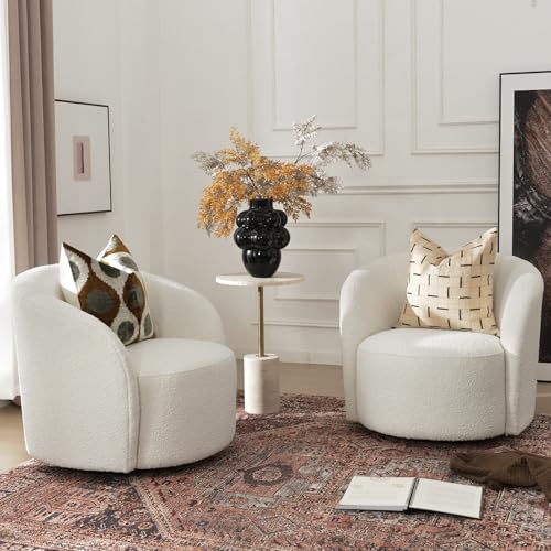 34" W Swivel Barrel Chair Set of 2, Mid Century Modern Round Upholstered Boucle Swivel Accent Chairs, No Assembly Sofa Chair for Living Room Bedroom Reading, Cream