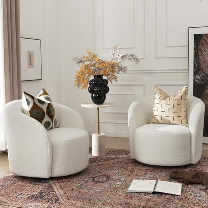 34" W Swivel Barrel Chair Set of 2, Mid Century Modern Round Upholstered Boucle Swivel Accent Chairs, No Assembly Sofa Chair for Living Room Bedroom Reading, Cream