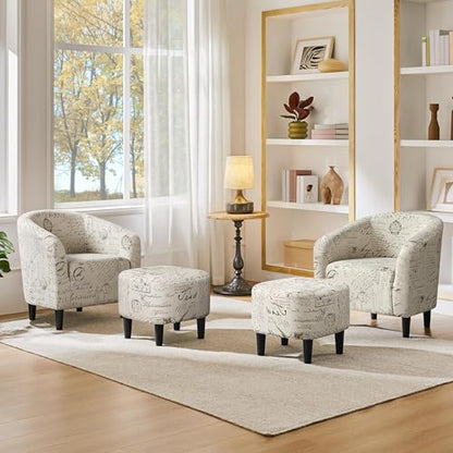 Yaheetech Accent Chair with Foot Rest, Mid Century Modern Upholstered Soft Barrel Chair, Comfy Fabric Armchair and Footrest Set for Living Room/Bedroom/Reading Room, Set of 2 Letter Print