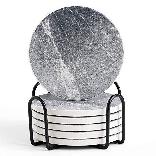 Coasters for Drinks Absorbent, Living Room Decor, Ceramic Coasters Set of 6 with Cork Base, Protect Wooden Table or Furniture from Scratched, Drink Coasters with Holder - Grey