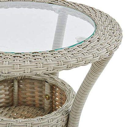 Modern and Weatherproof Haven All-Weather Wicker Outdoor Round Glass-Top Accent Table with Storage - Outdoor Furniture Patio Set & Metal - 20 in. W x 20 in. D x 26 in. H