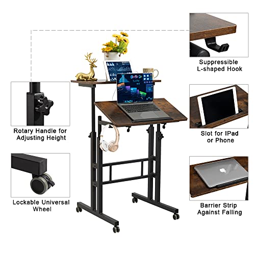 Mobile Standing Desk with Wheels, Rolling Desk Adjustable Height, Portable Laptop Table with Charging Station, Sit Stand up for Home Office, Study, Classroom, Rustic Brown