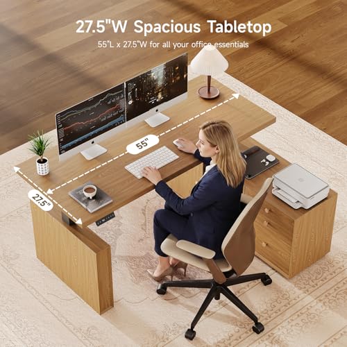 55" L Shaped Standing Desk w/File Cabinet, Sit Up Desk, Oak Brown, view 4