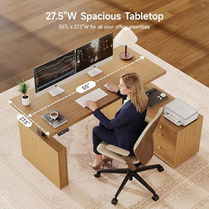55" L Shaped Standing Desk w/File Cabinet, Sit Up Desk, Oak Brown, view 4