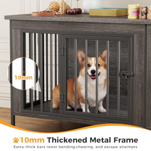 54" Double Dog Crate Furniture for 2 Dogs, Gray Wood Grain, view 6