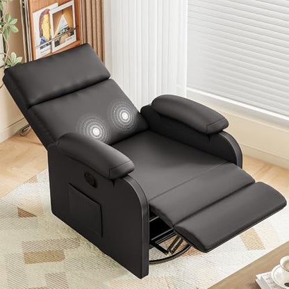 Recliner Chair, 360 Swivel Rocking Chair for Adults, Massage Nursery Chair with Adjustable Backrest and Footrest, PU Leather Glider Rocker Recliners with Side Pocket for Living Room (Black)