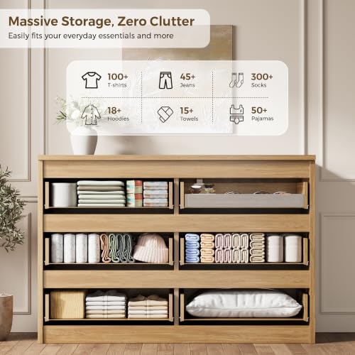 6 Drawer Fluted Dresser, Modern Chest of Drawers for Bedroom with Hidden Handles, view 4