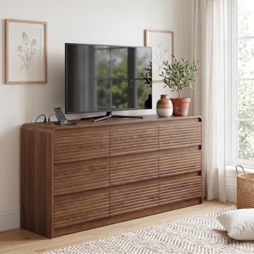 Walnut Fluted 9-Drawer Dresser for Bedroom w/Power Outlet, view 3