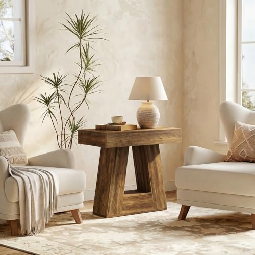 Tribesigns 24" Side Table, Narrow End Table with 2-Tier Storage Shelf, Farmhouse Wooden Nightstand Accent Table with Trapezoid Base for Living Room, Bedroom, Small Spaces, Brown