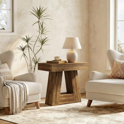 Tribesigns 24" Side Table, Narrow End Table with 2-Tier Storage Shelf, Farmhouse Wooden Nightstand Accent Table with Trapezoid Base for Living Room, Bedroom, Small Spaces, Brown