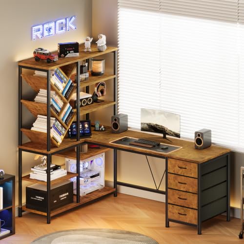 58" L Shaped Desk with Bookshelf and 3 Drawers for Home Office, view 4