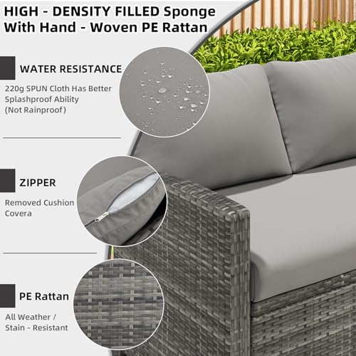 Outdoor Patio Furniture Set, 7 Pieces Clearance Sectional Rattan Dining Table&Chairs, All Weather Wicker Conversation Sofa Couch with Ottoman, Grey Cushions&Grey Rattan