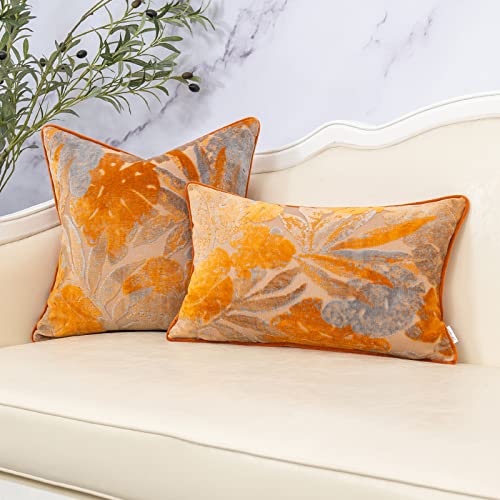 Orange Leaf Square Pillow Cover Cut Velvet Cushion Cover Luxury Modern Pillowcover for Couch Living Room Bedroom,18x18 Inch