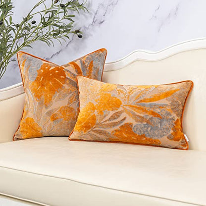 Orange Leaf Square Pillow Cover Cut Velvet Cushion Cover Luxury Modern Pillowcover for Couch Living Room Bedroom,18x18 Inch