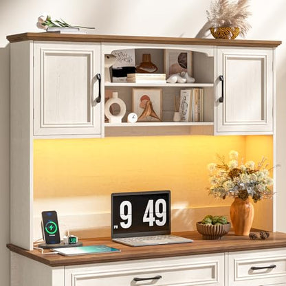Farmhouse 67" H Executive Desk with Hutch,LED Light and Charging Station, Computer Desk with Storage Drawers & File Drawer, Workstation for Home Office & Study.Unique White