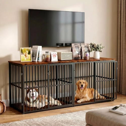 86.7" Double Dog Crate Furniture for 2 Large Dogs, Rustic Brown, view 4
