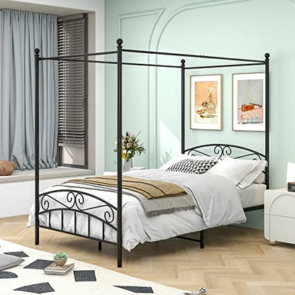 Metal Canopy Bed Frame Four-Poster, Full, Black, view 2