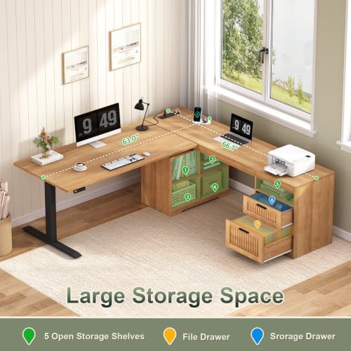 66 inch Fluted L Shaped Standing Desk with Storage for Home Office, view 7