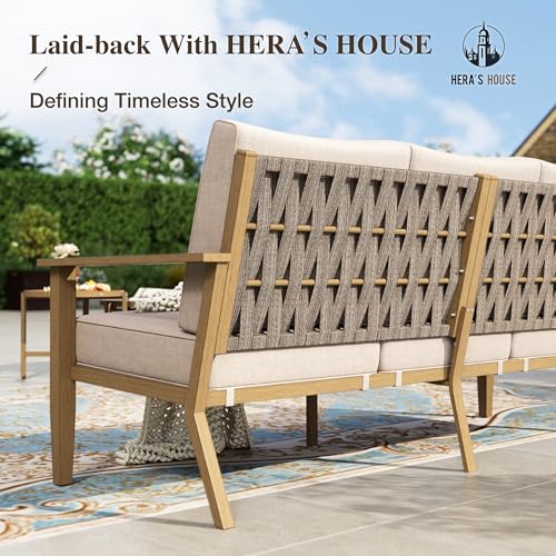 Patio Furniture Set 7-Piece, Metal Outdoor Conversation Set with Wood Grain Finish, 2 x Leg Chair, 2 x Swivel Chair, 1 x 3-Seat Sofa, 2 x Multi-Functional Coffee Table Garden Deck Lawn