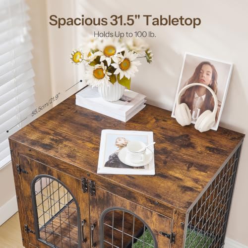 Dog Crate Furniture, 31.5" Dog Kennel with Dog Grass Pad and Tray, view 7