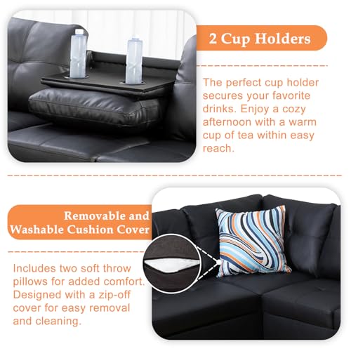 Sectional Sofa Couch, Modern 4-Seaters Living Room Furniture Sets with Chaise Lounge, Ottoman & 2 Pillows | L Shape Couch | Cup Holder | Faux PU Leather, Black