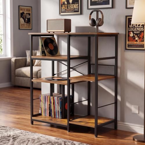 Record Player Stand with 300+ Vinyl Storage Shelves, Rustic Brown, view 8