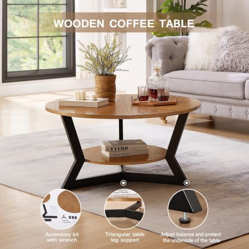 Round Coffee Table, Solid Wood Circle Coffee Table with 2-Tier Storage, view 6