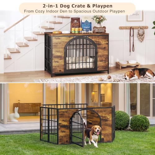 41.7" Dog Crate Furniture, 2-in-1 Configurable Dog Kennel & Playpen, Brown, view 4
