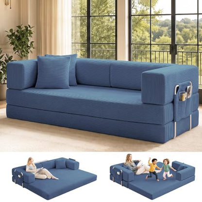 Folding Sofa Bed Convertable Corduroy Couch King Size Floor Sleeper 4-in-1 DIY Combination Modular Sofa Fold Out Futon Lounge Comfy Foldable Lazy cama for Living Room