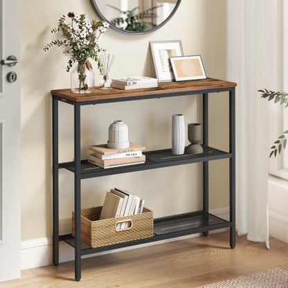 VASAGLE 31.5" Console Table, Narrow Behind Couch Table, 3 Tier | BARNET Collection, One Piece Top, Steel Frame, for Entryway, Living Room, Modern, Rustic Brown and Ink Black ULNT037KD01S
