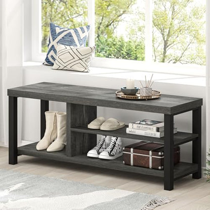 Industrial Entryway Bench, Rustic Indoor Shoe Boot Storage Bench Seat for Living Room, Grey