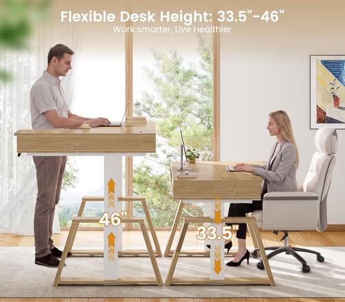 59 Inch L Shaped Electric Standing Desk with Drawers, Executive Adjustable Desk with Power Outlets, Sit Stand Computer Table for Home Office, Oak