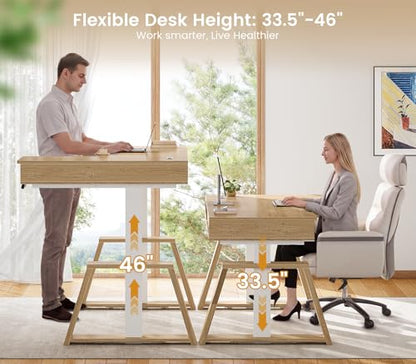 59 Inch L Shaped Electric Standing Desk with Drawers, Executive Adjustable Desk with Power Outlets, Sit Stand Computer Table for Home Office, Oak