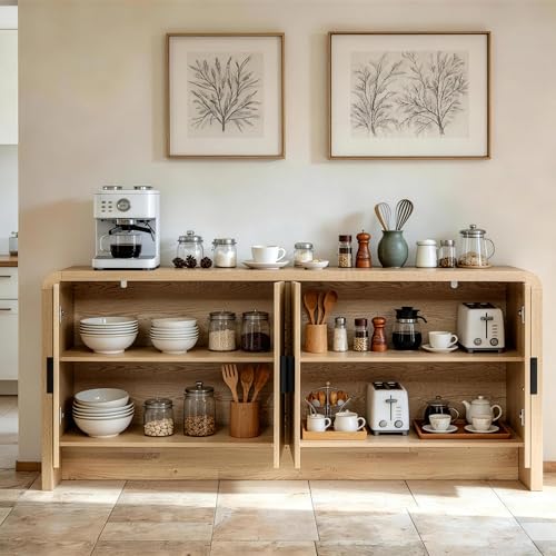 68'' Sideboard Buffet Cabinet with Storage, Curved Design Credenza Storage Cabinet with 4 Doors, Console Cabinet for Kitchen, Living Room & Hallway, Natural