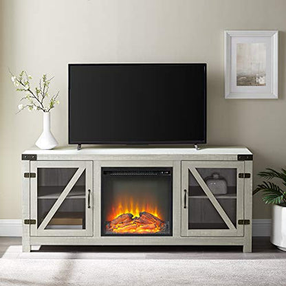 Farmhouse Barn Door Wood and Glass Fireplace TV Stand for TV's up to 64" Flat Screen Living Room Storage Cabinet Doors and Shelves Entertainment Center, 58 Inch, Stone Grey
