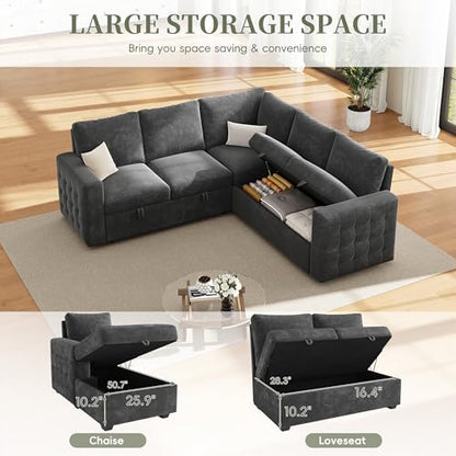 86" Sectional Sleeper Sofa Bed, 5 Seat Pull Out Couch with Storage, Gray | L Shaped Sectional Couches for Living Room, Apartment and Guest Room, Chenille Upholstered Sectional Couch