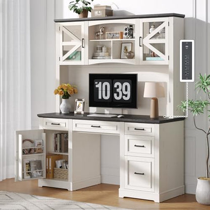72" H Farmhouse Executive Desk with Hutch, Office Desk, Computer Desks with Charging Station, Computer Workstations with 5 Drawers and Storage Cabinet for Home, Office, Off White & Black
