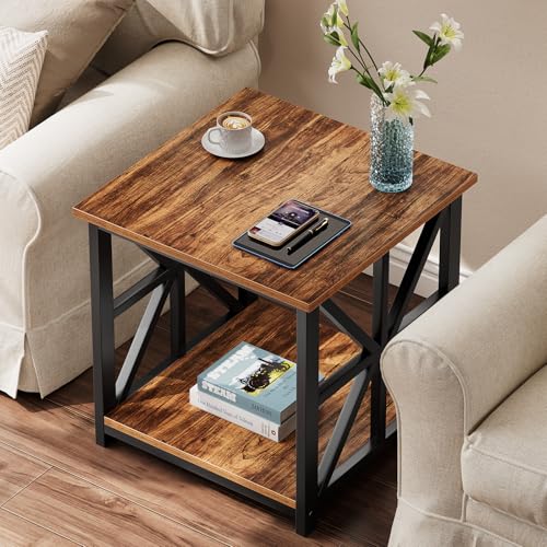 19.7 inch End Table with 2-Tier Storage Shelf for Living Room | Rustic Side Table for Bedroom,Sturdy X-shaped Metal Frame Nightstand,Scratch-resistant Sofa Table,Waterproof Top,Walnut