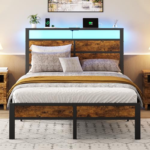 Full Size Bed Frame, Full Bed with Charging Station Headboard and LED Lights, view 2