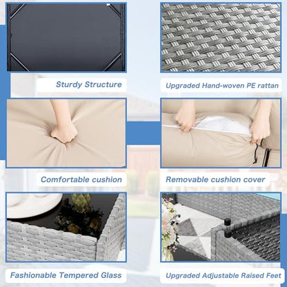 7 Pieces Outdoor Patio Furniture Sets, Patio Sectional Sofa Couch, Gray PE Wicker Furniture Modular Patio Conversation Sets Patio Sofa with Washable Cushions, Gray/Khaki